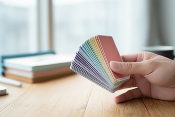 Neat stack of educational flash cards held by an adult hand over a desk