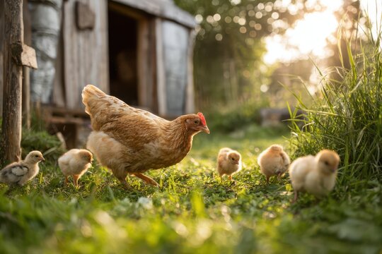 Nature farming moment: hen and chick duo pecking at green grass in a tranquil countryside yard