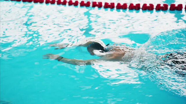 An Athlete Perfecting Swimming Technique in a Crystal Clear Pool with Splashes and Dynamic Movement Captured in the Final Stages of a Training Session