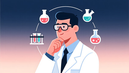 Contemplative scientist surrounded by research symbols