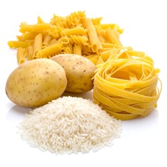 Starchy Staple Foods - Potatoes, Pasta, and Rice Still Life.