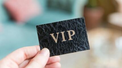 A person is holding a VIP card in a room with soft colors and simple furniture. The focus is on the card and the hand.