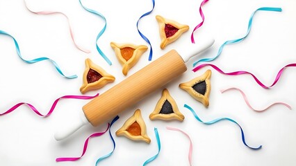 Colorful streamers and triangular pastries with a rolling pin on a white background