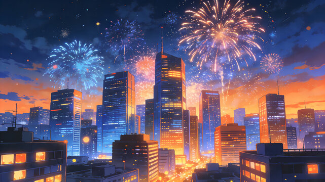 Vibrant city celebration with fireworks and urban night lights - Powered by Adobe