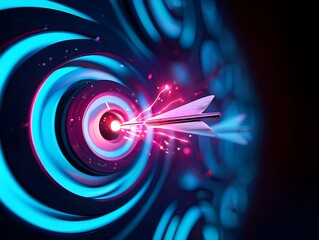 Futuristic dart hitting bullseye on digital target, glowing neon blue circles and data streams symbolize precision, success, strategy, innovation, business performance, and virtual technology concepts