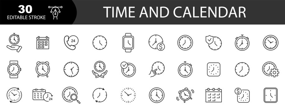 Clock and Time linear icons set. Calendar icon. Timer, watch, speed, alarm clock. Editable stroke.