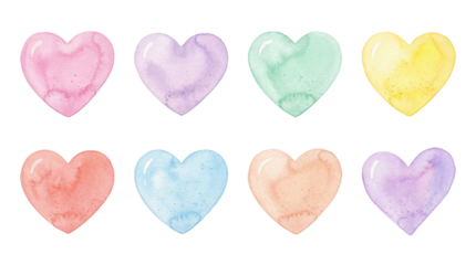 A set of colorful watercolor hearts on transparent background