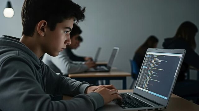 A student learning coding in classroom for the concept of education and technology.