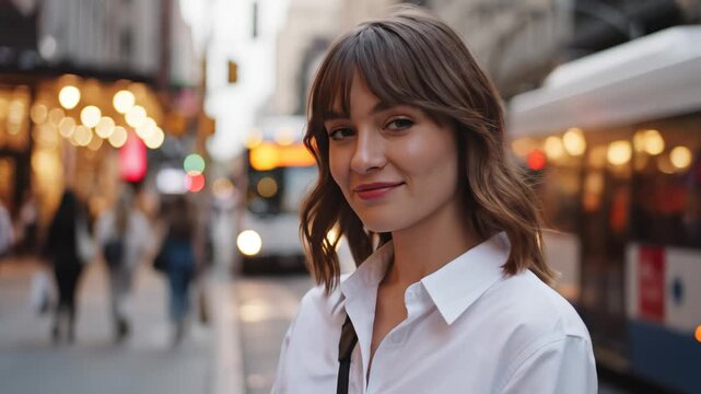 Woman in white shirt on city street