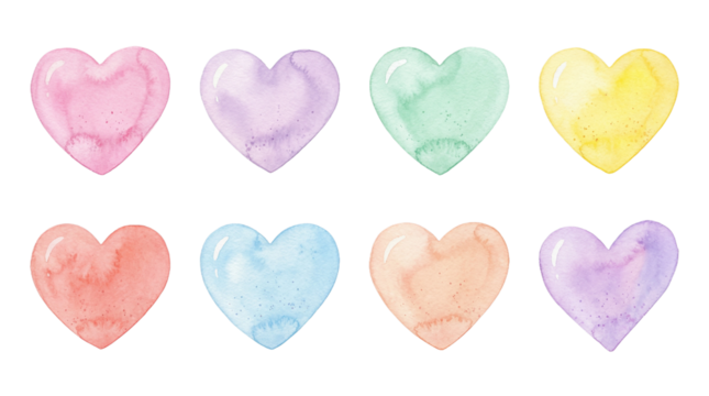 A set of colorful watercolor hearts on transparent background - Powered by Adobe