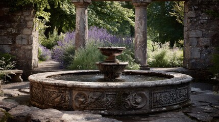 Fototapeta premium Ornate stone fountain in a tranquil garden with lavender and two weathered stone columns