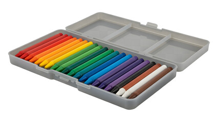 A vibrant set of colorful wax crayons neatly organized in a grey plastic case, essential art supplies for drawing and creative projects, featuring a rainbow spectrum of bright hues.