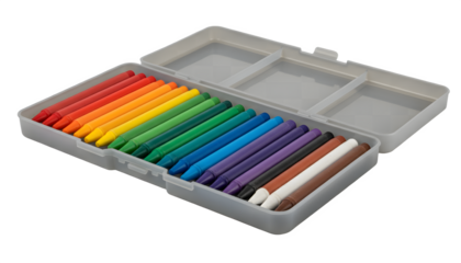 A vibrant set of colorful wax crayons neatly organized in a grey plastic case, essential art supplies for drawing and creative projects, featuring a rainbow spectrum of bright hues.