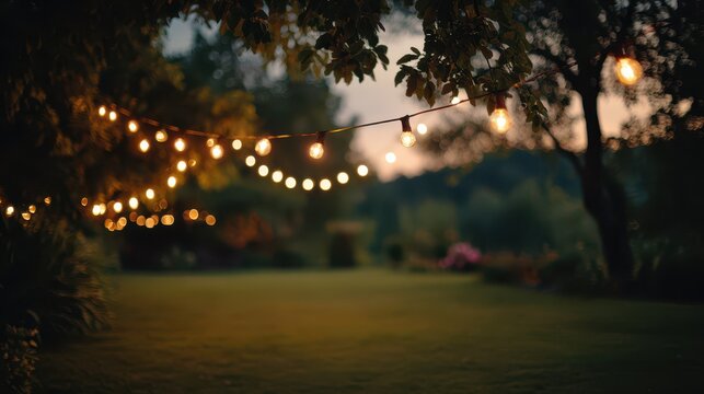 Outdoor backyard string lights at dusk with a lush green bokeh backdrop and ample copy space