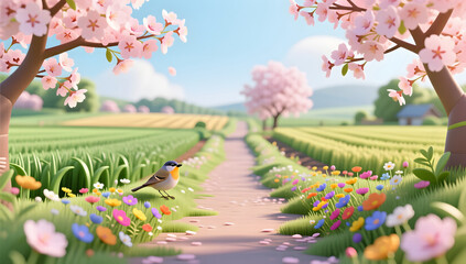 Obraz premium Cherry blossom path along green fields in spring