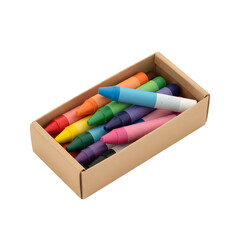 Vibrant assortment of colorful wax crayons neatly packed inside a small brown cardboard box, showcasing various bright hues for art supplies, creative drawing, and school stationery needs.