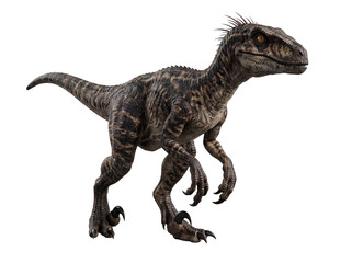 Obraz premium A close-up of a Velociraptor dinosaur, with detailed scales and a fierce gaze. The dinosaur stands with a powerful stance, showcasing its sharp claws and predatory nature