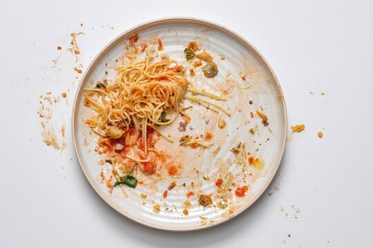 Overhead view of a dirty plate with food leftovers on a white background