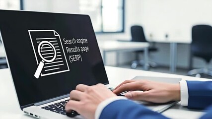 A laptop displaying search engine results for the concept of business research. - Powered by Adobe