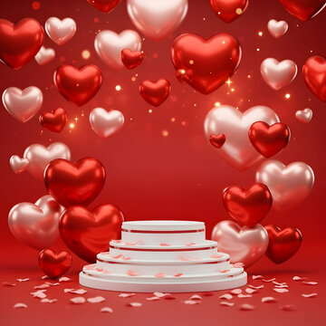Love's Stage: A romantic scene filled with red and pink hearts floating around a white platform stage, symbolizing the beauty of love.