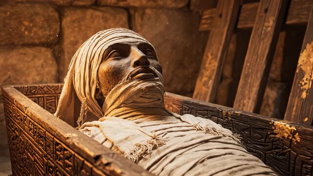 Mummy in ornate coffin with torchlight