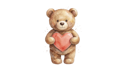 A cute teddy bear holding a pink heart on transparent background