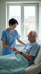 Smiling nurse assisting disabled senior man to get up from bed