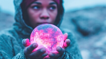 Naklejka premium A person stands on rocky ground holding a bright, glowing sphere. The setting is at dusk with muted colors in the background.