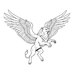 Naklejka premium Royal Griffin Line Art – Griffin Vector Illustration with Elegant Fantasy Creature Structure – Griffin Drawing – Line Art Drawing of Griffin – Griffin Icon