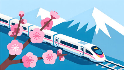 Aerial view of train and snow mountains with plum blossoms