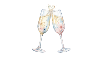 Two champagne flutes with a heart-shaped foam on top, on transparent background