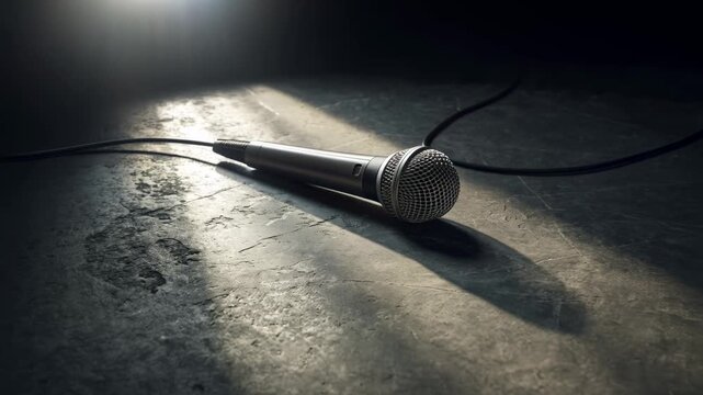 A lone microphone rests on a concrete floor with dramatic lighting