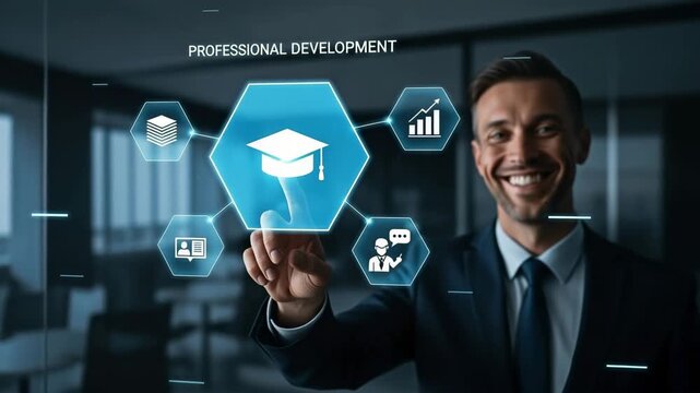 A person points towards a digital graduation cap icon in the concept of education.