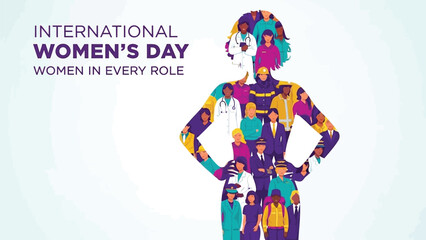 International women's day poster with colorful collage of women in various roles and confident stance
