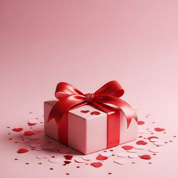 Present of Love and Affection: A beautifully wrapped gift adorned with a vibrant red ribbon and scattered hearts, symbolizing love, care, and the spirit of gift-giving.