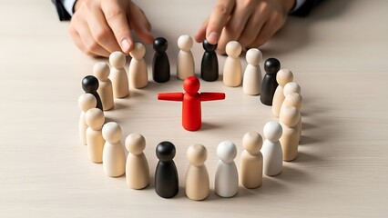 Diverse group of people surrounding a leader figurine on a table