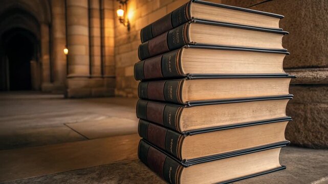A stack of aged books in a library, suggesting knowledge, history, and education. The books are positioned on the floor, ready to be read