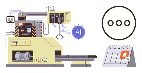 Fototapeta premium Industrial automation, AI technology, manufacturing workflows, industrial robotics, scheduling systems, smart processes. Automated machine with robotic arms and scheduling interface. Industrial