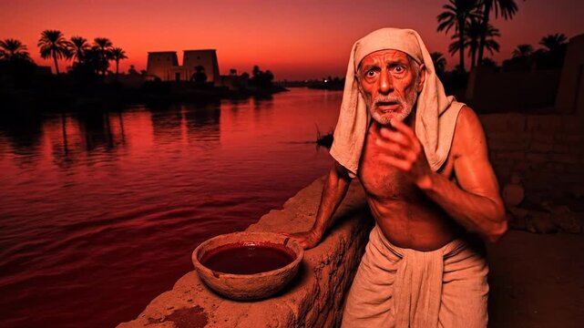 Elderly Egyptian Man Looking in Fear at Nile River Turned into Red Blood with Temples in Background Depicting First Plague of Exodus Biblical Story

