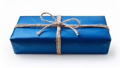 Christmas Present Box Wrapped In Blue Paper With Bakerrs Twine Bow Isolated On White Background