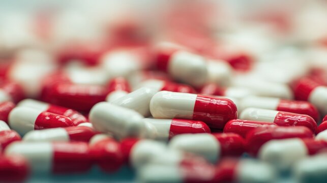 Many red and white capsules are scattered across a table in a study area. Some capsules are partially visible.