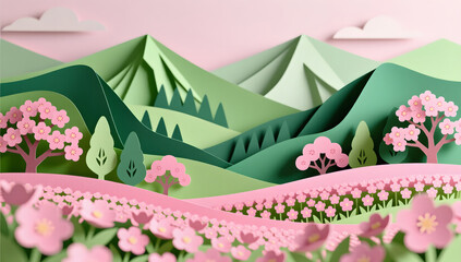 Pink flower sea and green mountains in spring