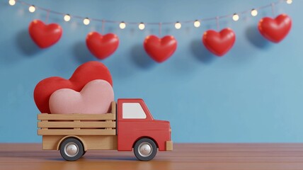 Valentine's day scene with toy truck carrying hearts under string lights on blue background, symbolizing love and affection in a festive setting with red and pink hearts
