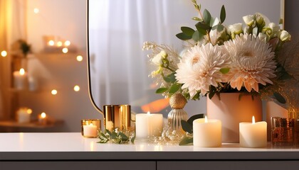 Romantic Floral Arrangement With Soft Lighting On White Vanity Table Creating Warm Ambiance