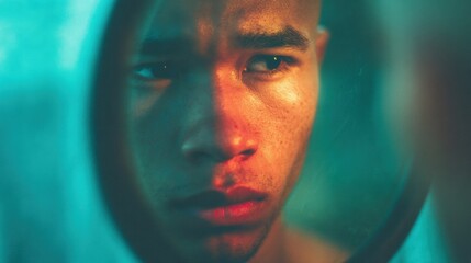 A young man gazes into a mirror in a dim room. His expression shows deep thoughts and reflection on his life and experiences.