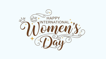 Happy international women's day celebration with elegant brown text and golden stars on light blue background