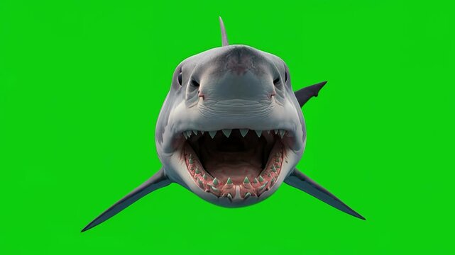 A shark swimming closer, open it's mouth and eat the camera, isolated green screen
