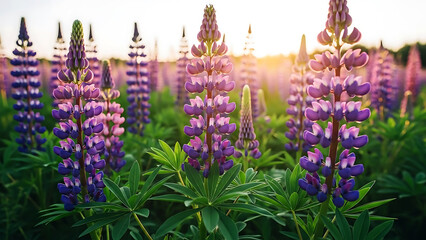 Beautiful field of purple lupine flowers at sunset