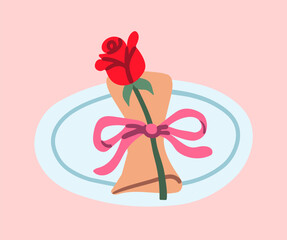 Flat style illustration of red rose stem tied with pink bow on an oval plate, perfect for Valentine s Day cards, romantic dinner menus, and elegant table setting designs.