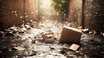 Cardboard boxes dissolving and splashing water in an urban alleyway with scattered debris and sunlight